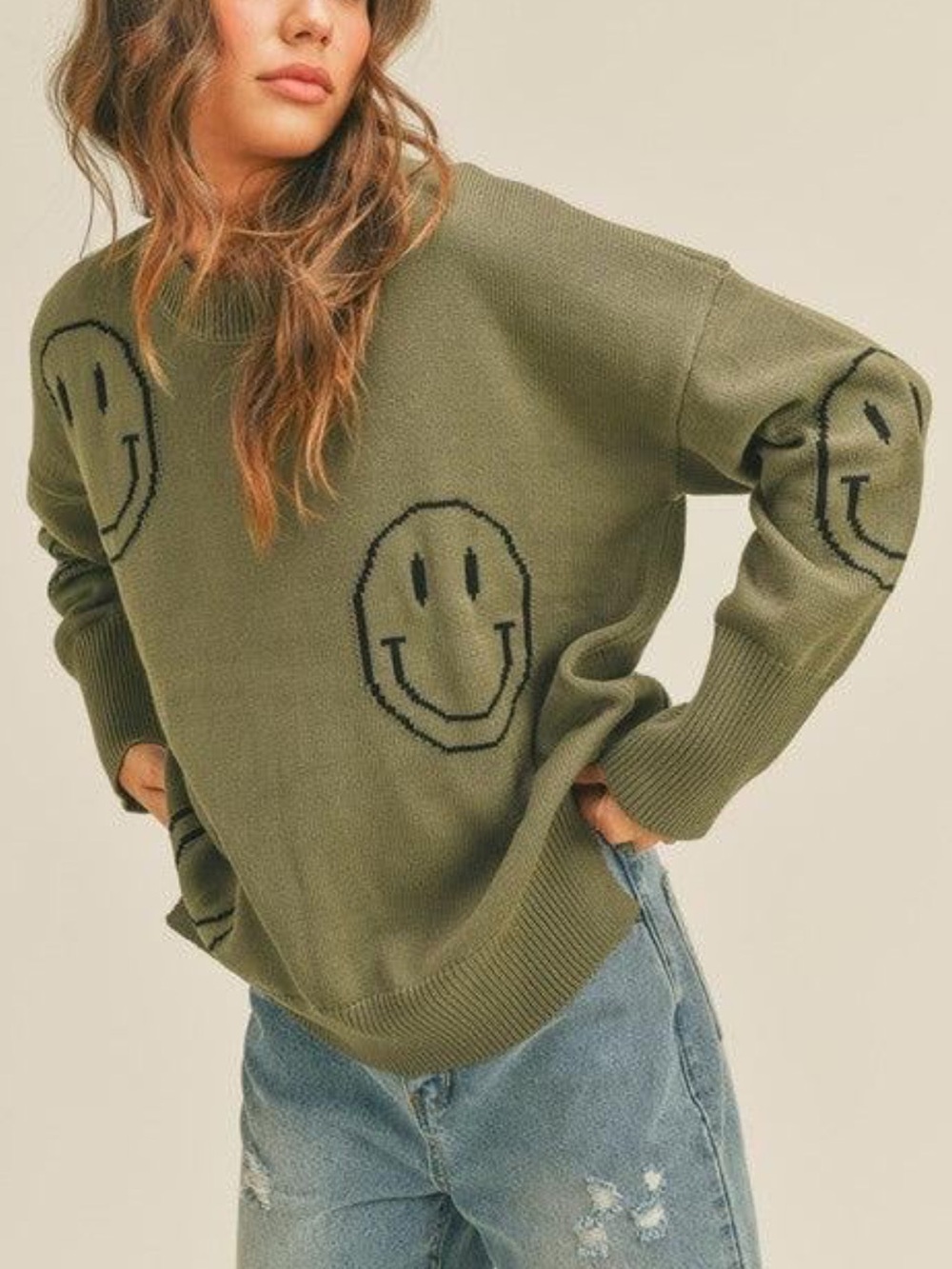 Miou Muse Womens Knit Sweater Long Sleeve Pullover Crewneck Smiley Face